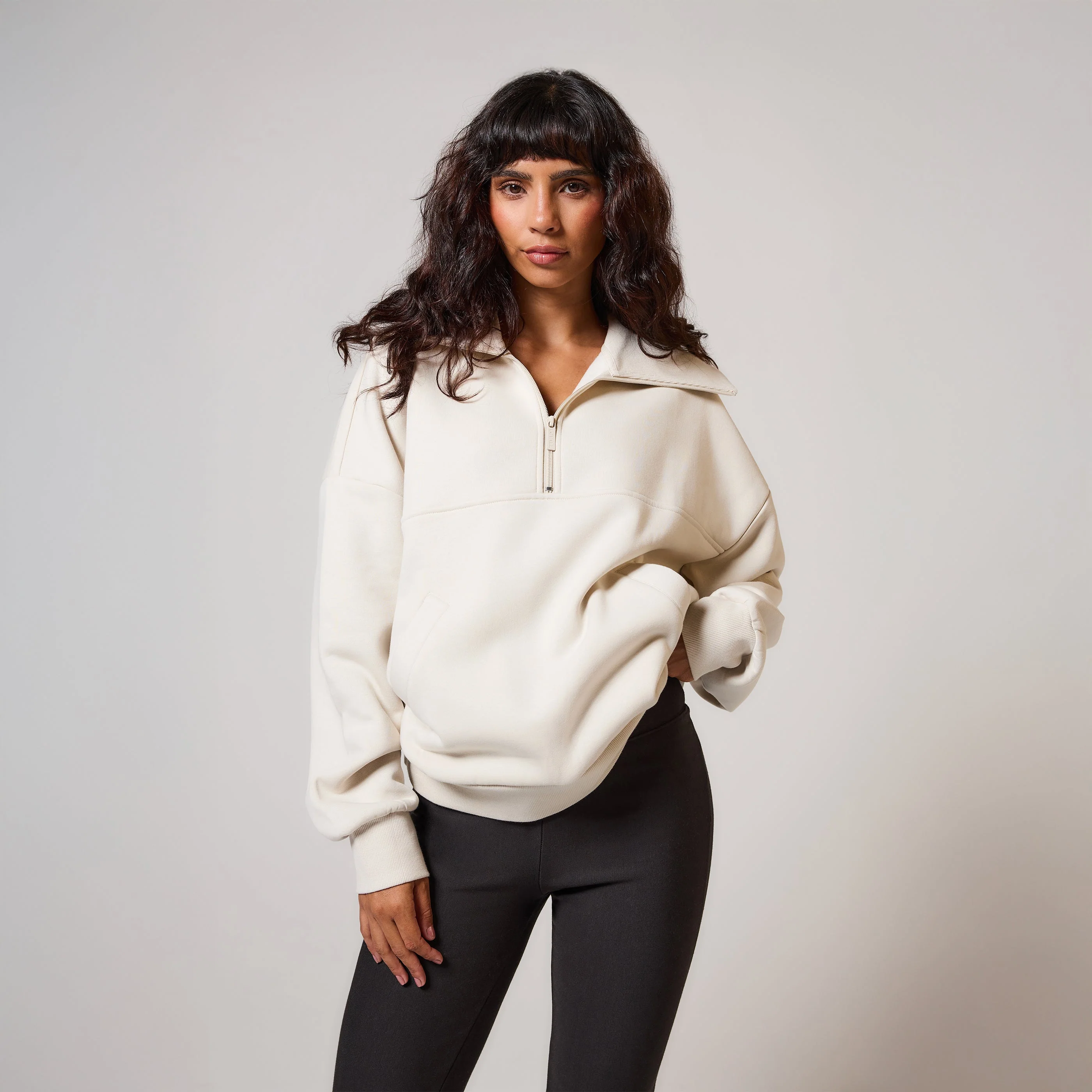 Curve Organic Oversized 1/4 Zip Sweatshirt - Ecru - Image 5