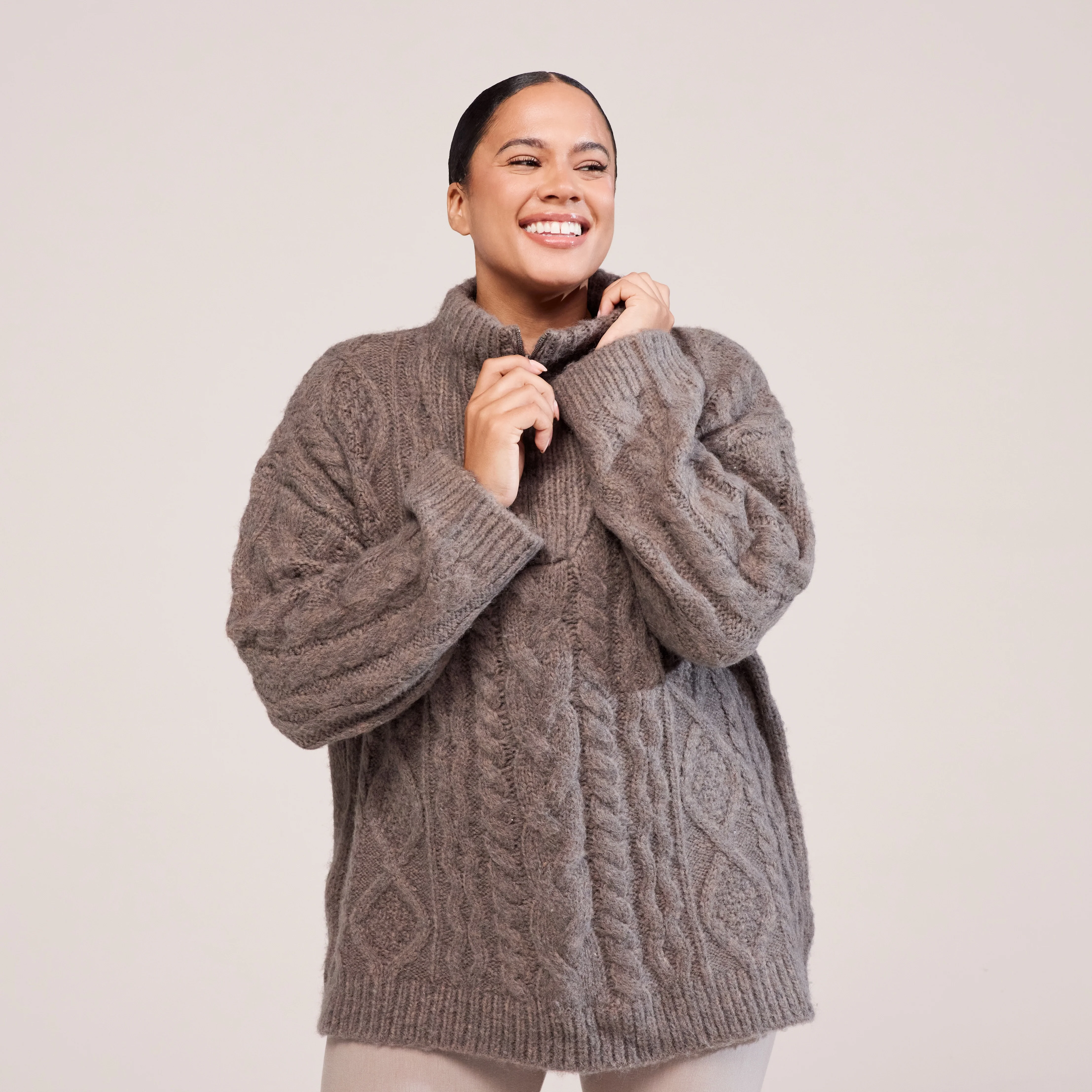 Curve Cable Knit 1/4 Zip Jumper - Mocha