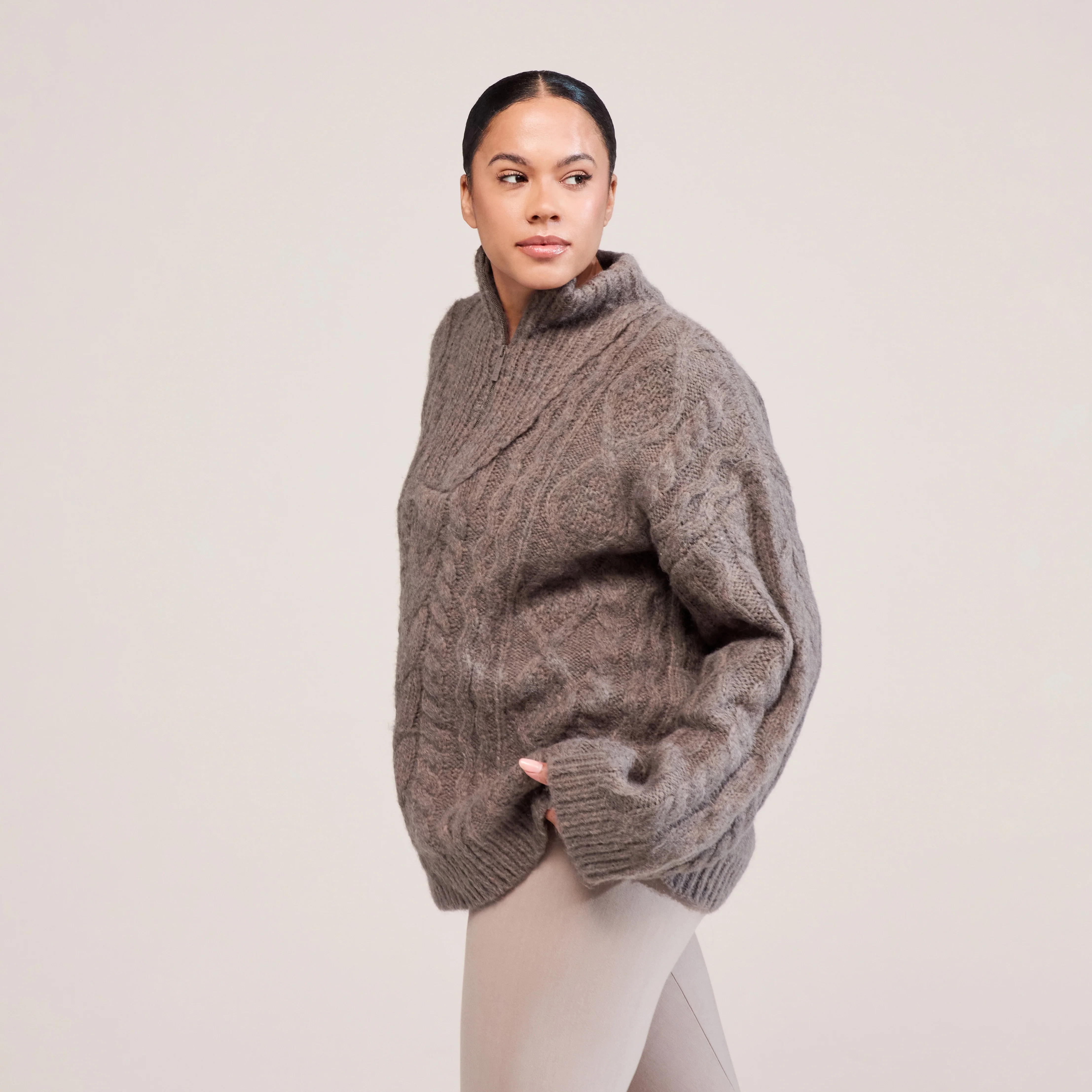 Curve Cable Knit 1/4 Zip Jumper - Mocha - Image 2