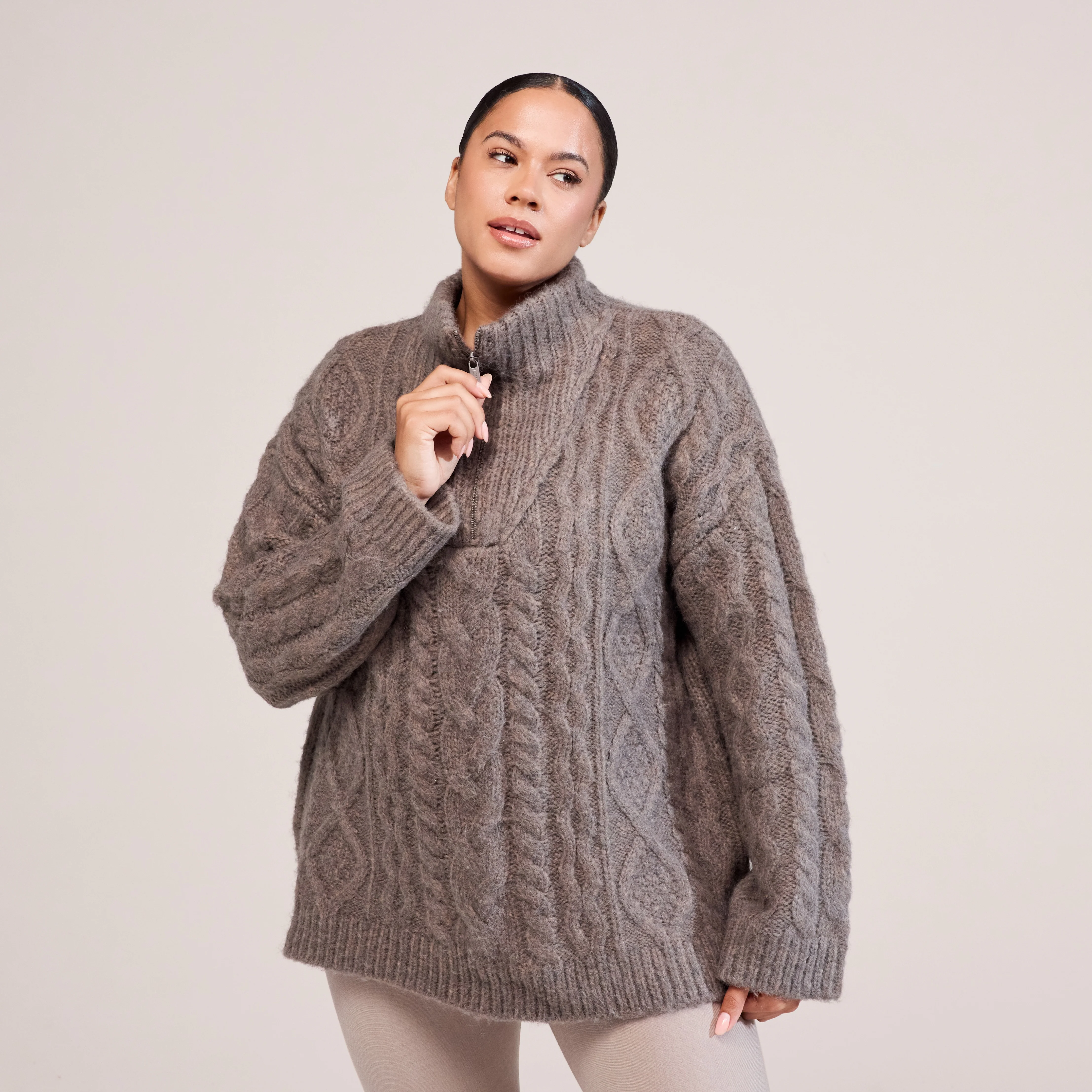 Curve Cable Knit 1/4 Zip Jumper - Mocha - Image 4