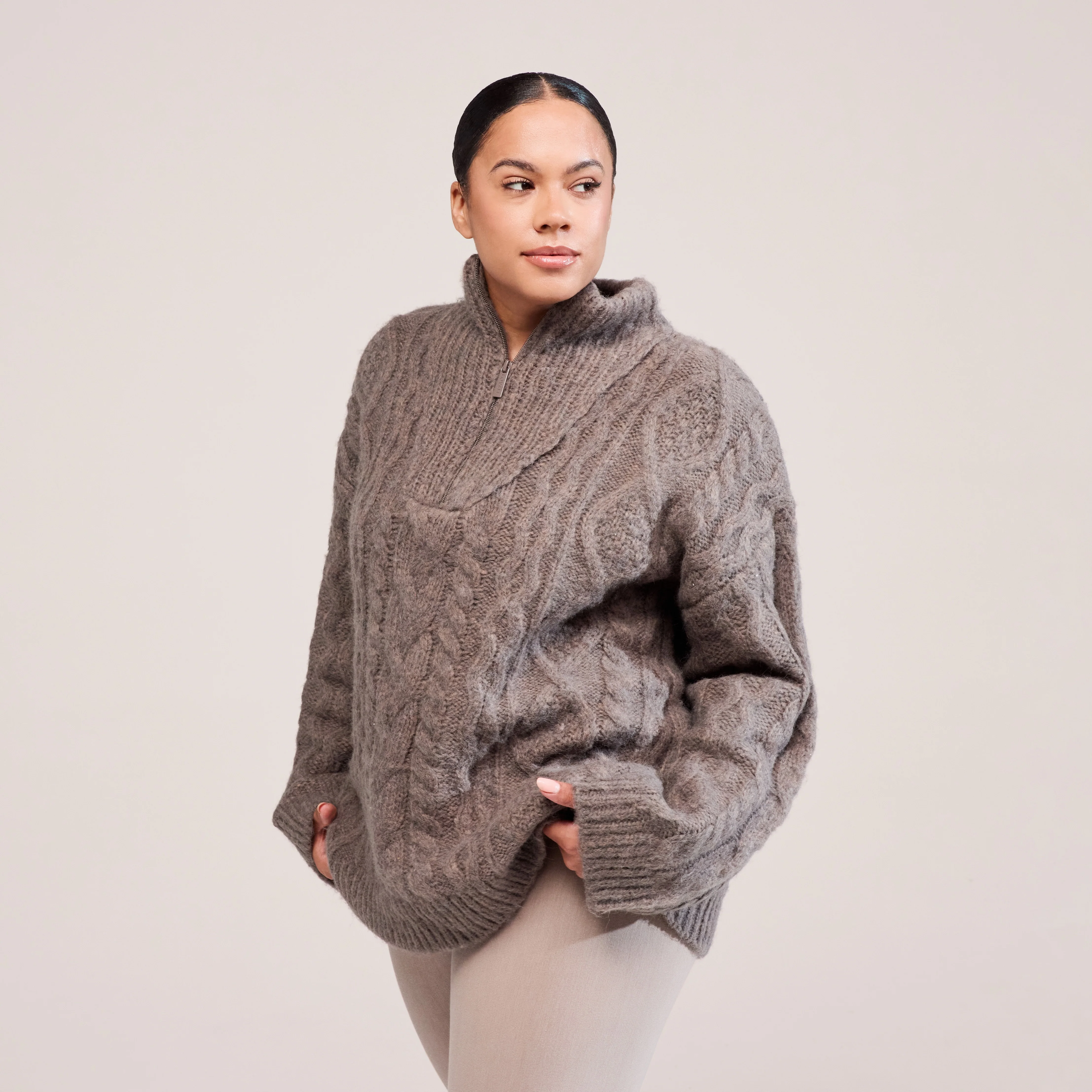 Curve Cable Knit 1/4 Zip Jumper - Mocha - Image 6