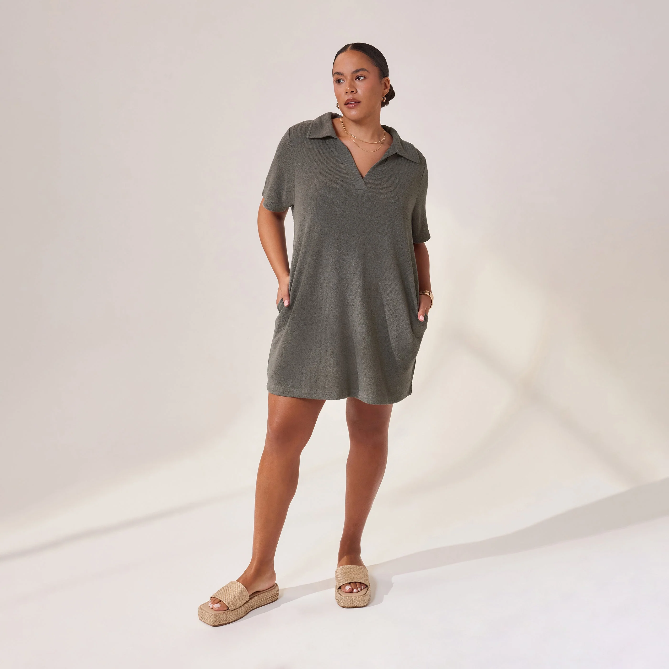 Curve Lightweight Collared Knit Dress - Slate Green - Image 4