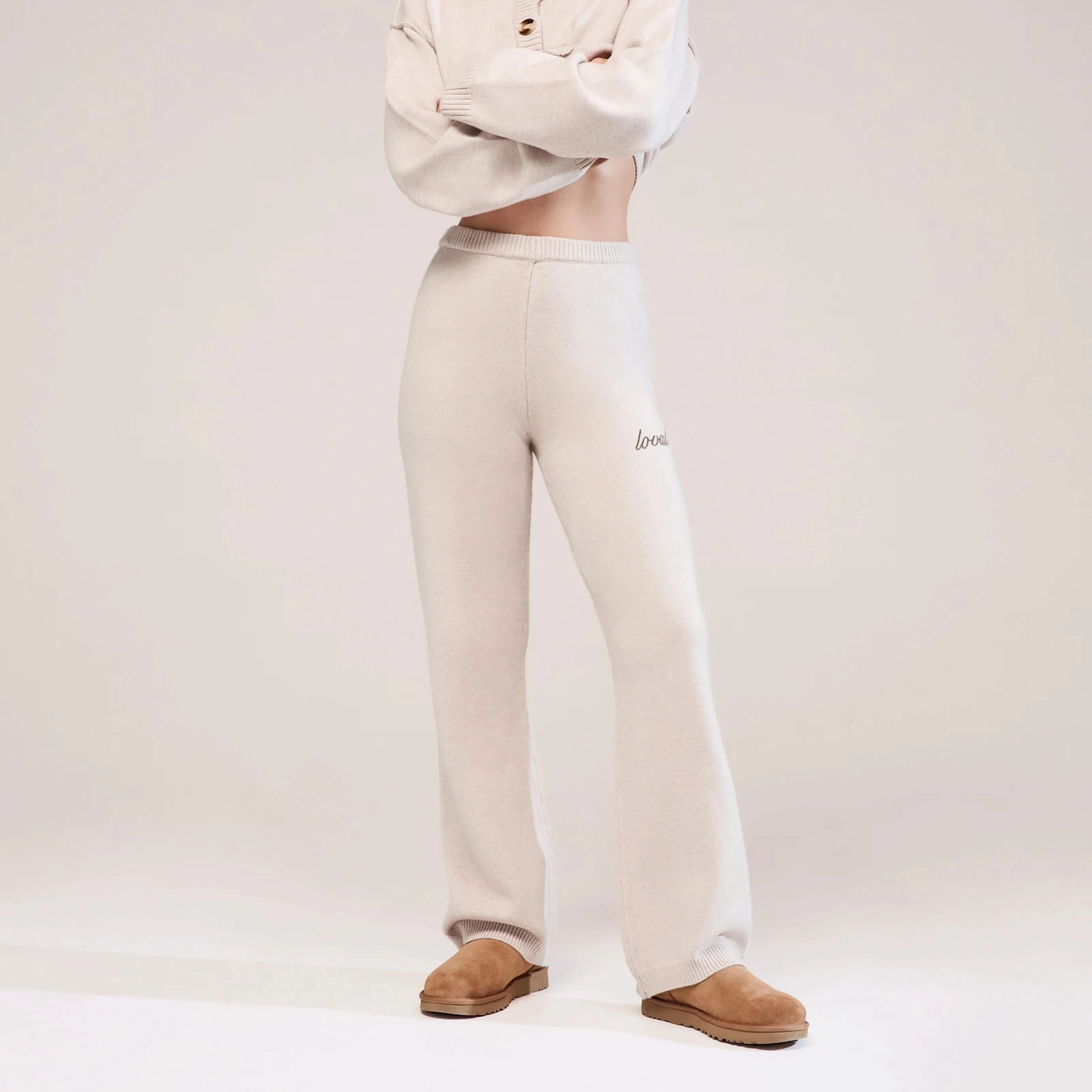 Curve Soft Knit Wide Leg Trousers - Beige - Image 2