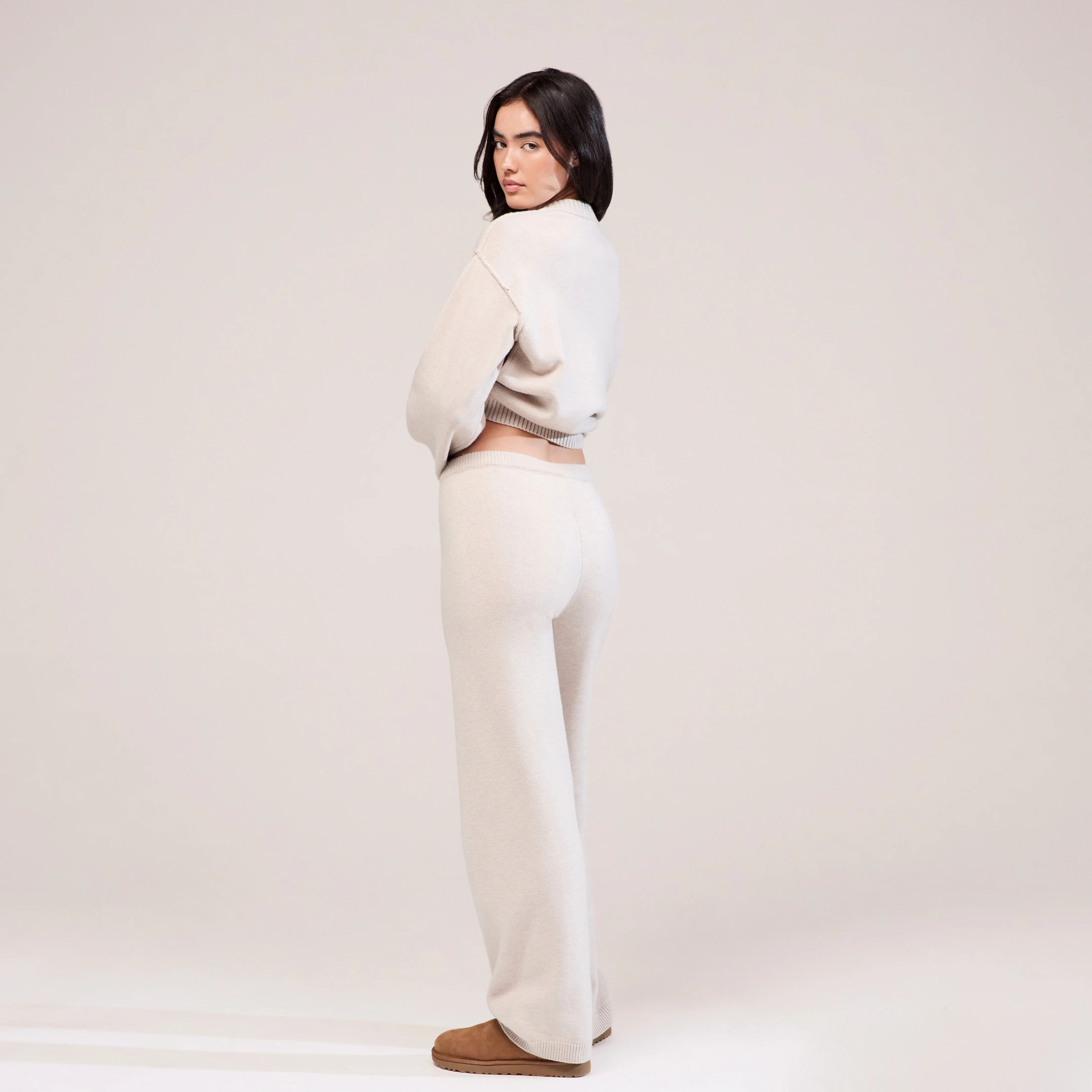 Curve Soft Knit Wide Leg Trousers - Beige - Image 3