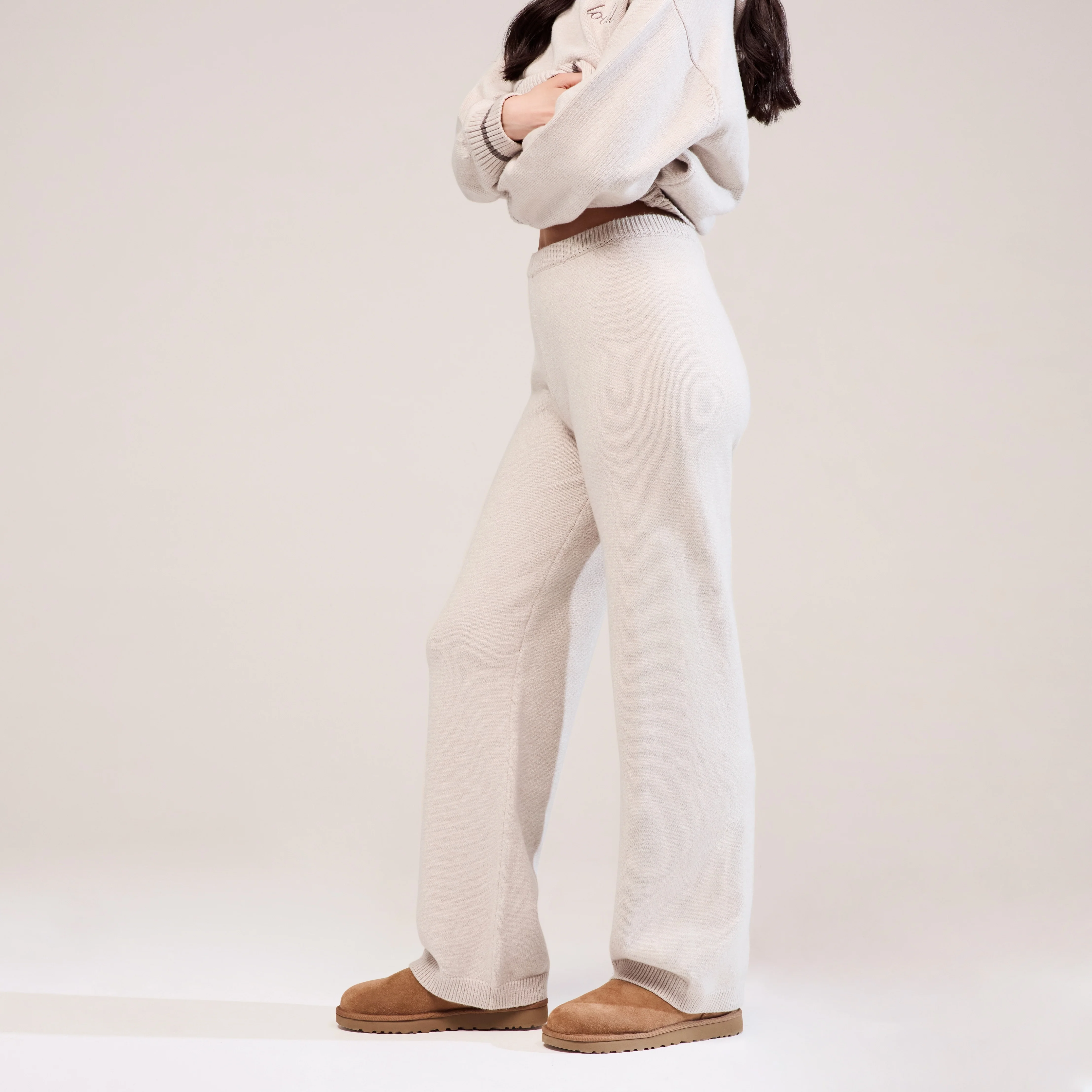 Curve Soft Knit Wide Leg Trousers - Beige - Image 6