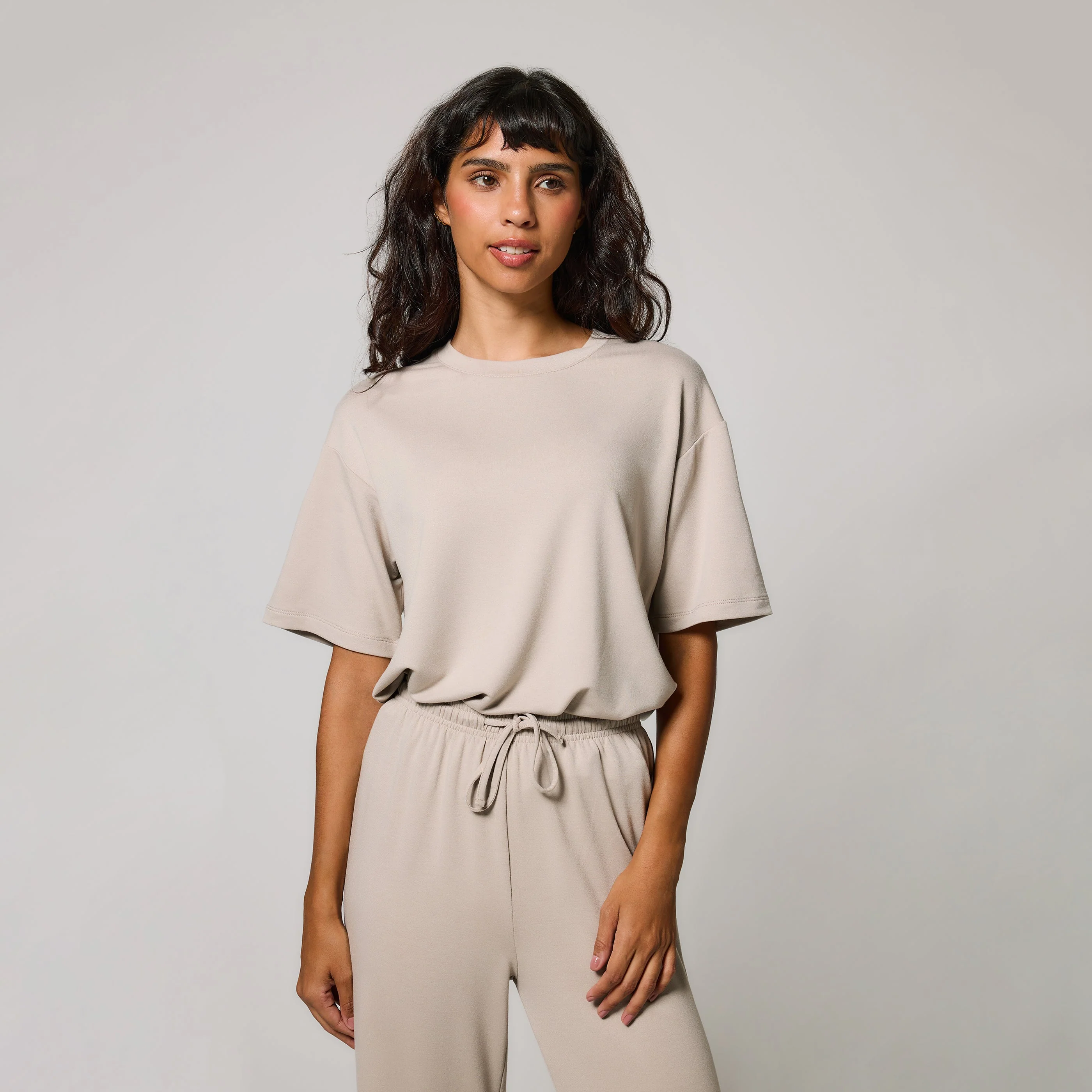 Curve Soft Touch Wide Leg Lounge Set - Oatmeal Beige - Image 5