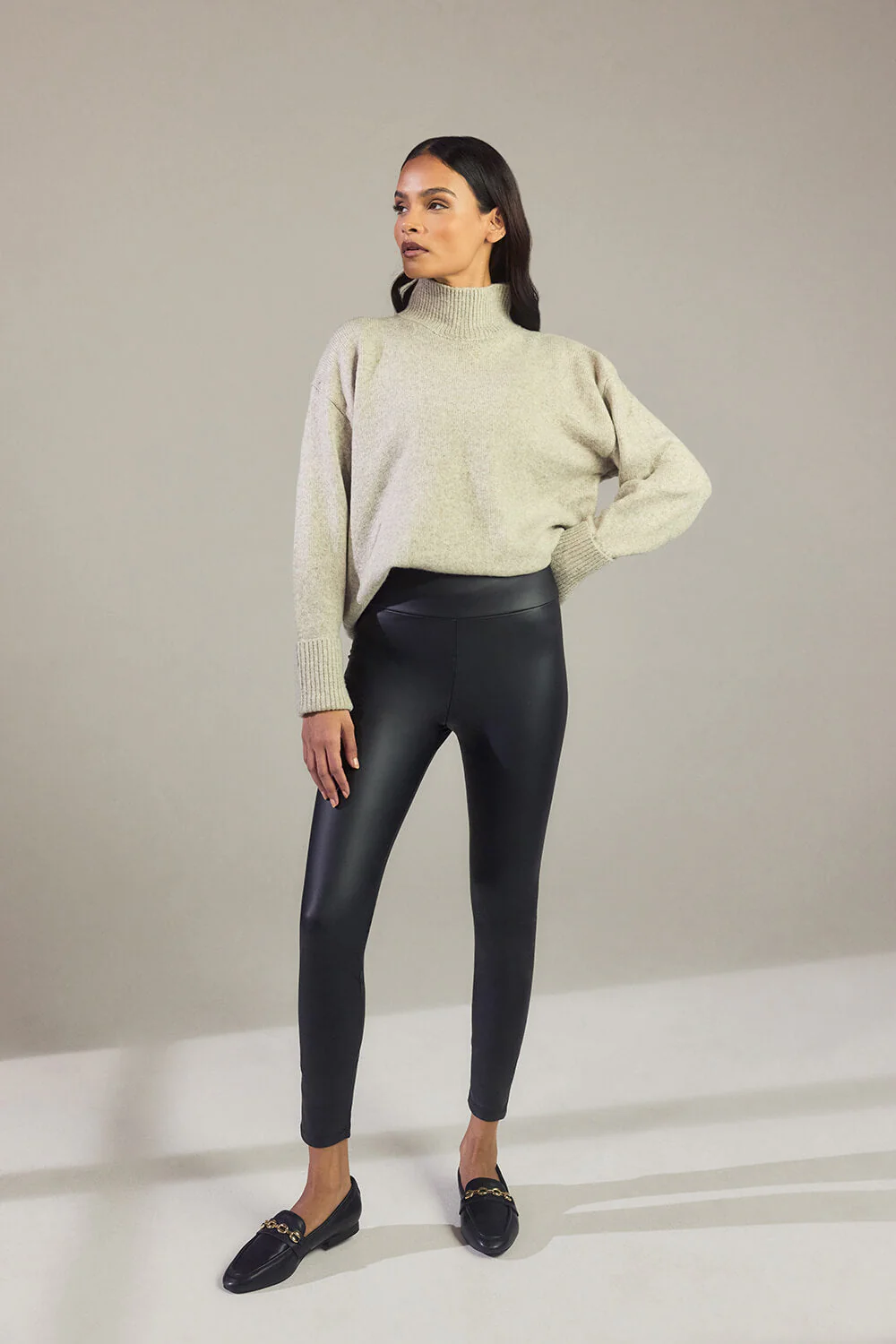 Leather Look High Waisted Leggings - Black - Image 2
