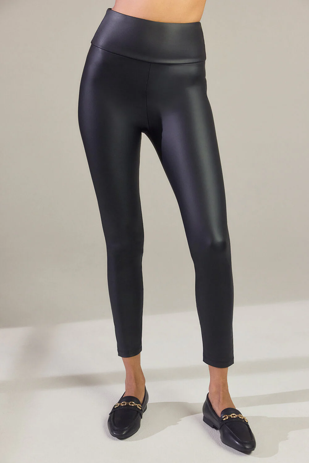 Leather Look High Waisted Leggings - Black - Image 3