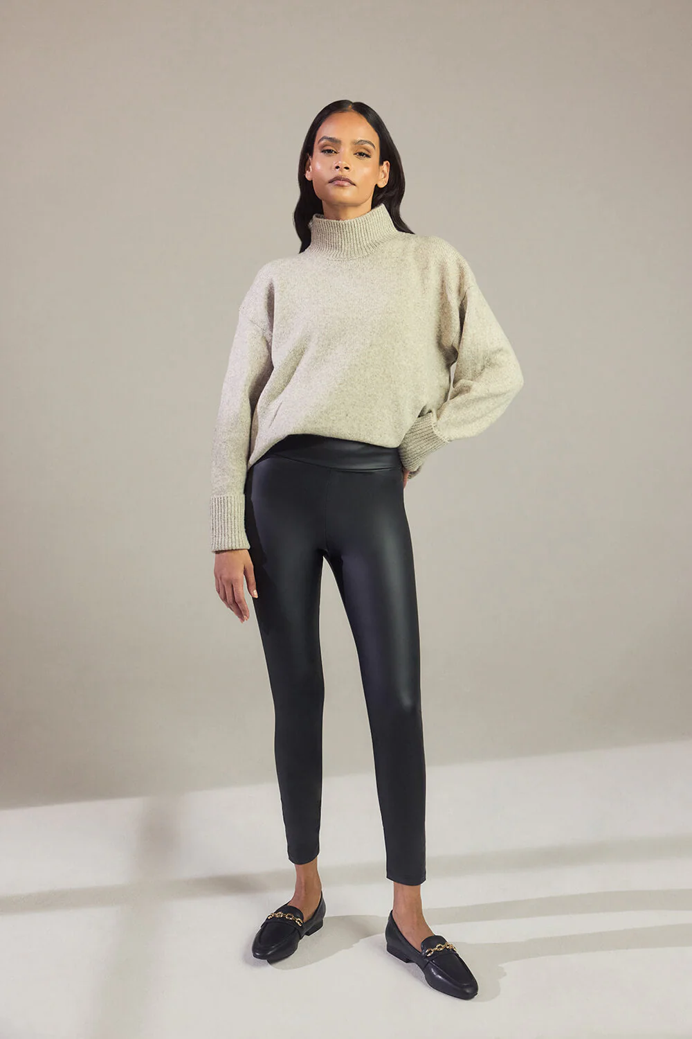 Leather Look High Waisted Leggings - Black - Image 5