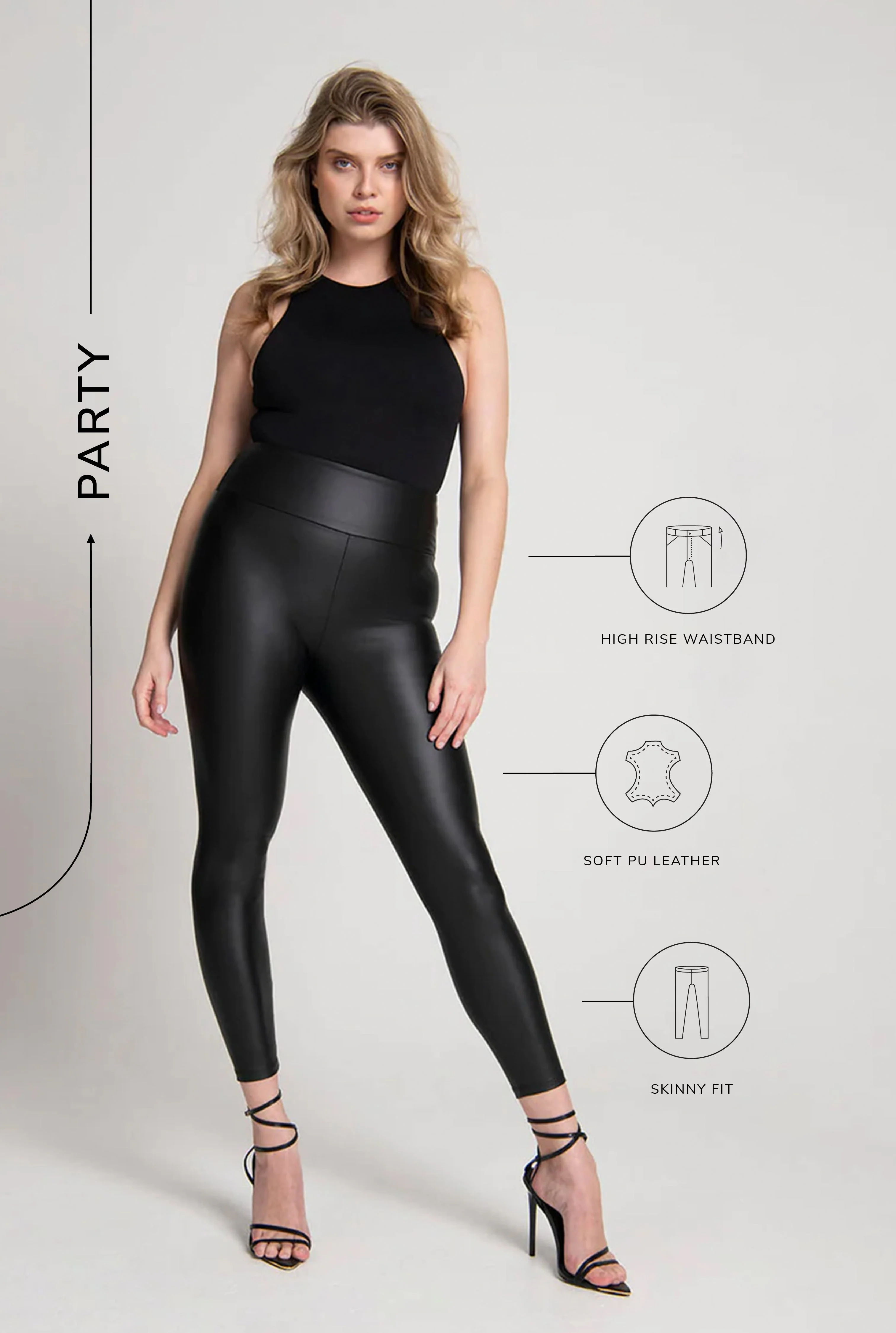 Leather Look High Waisted Leggings - Black - Image 6
