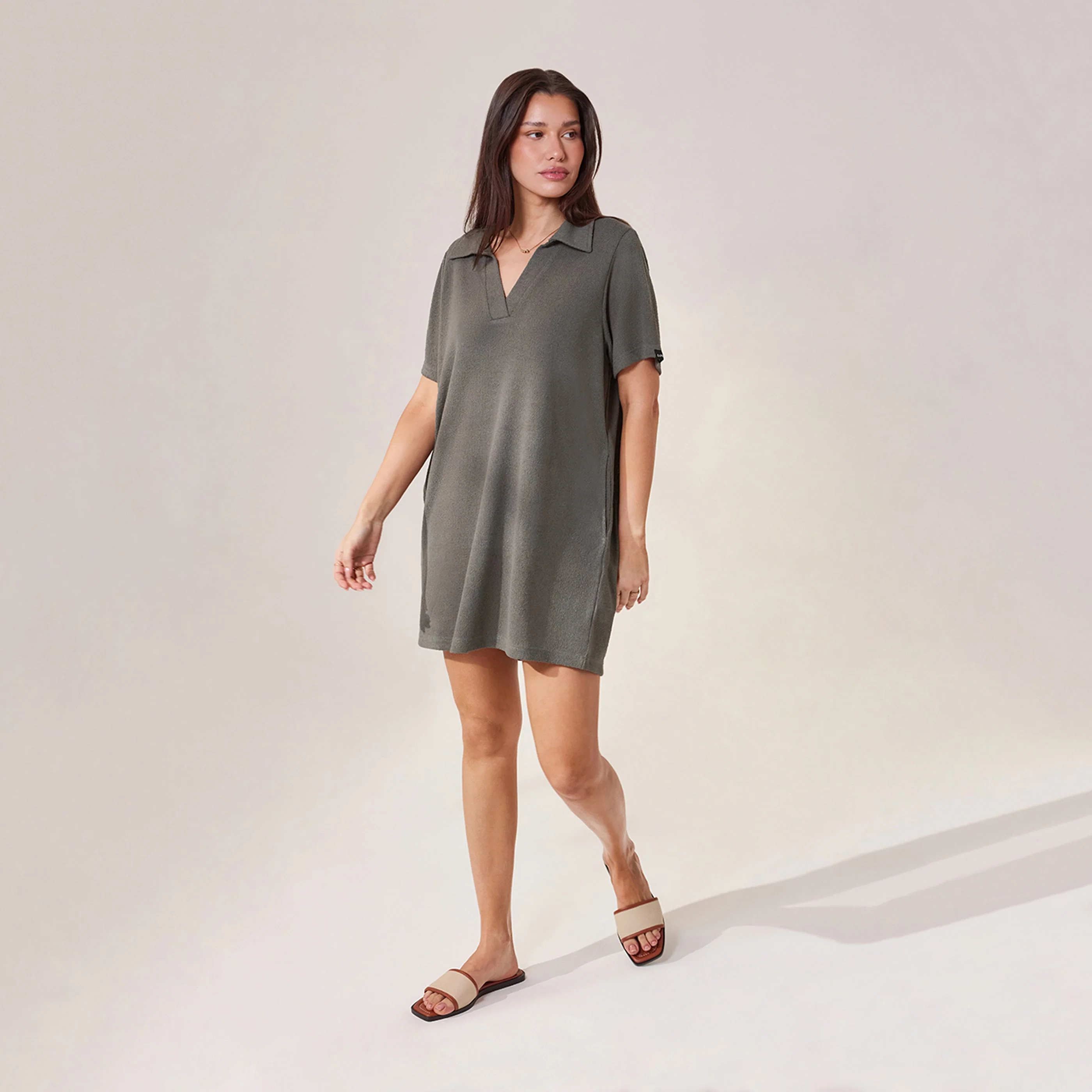 Lightweight Collared Knit Dress - Slate Green - Image 5