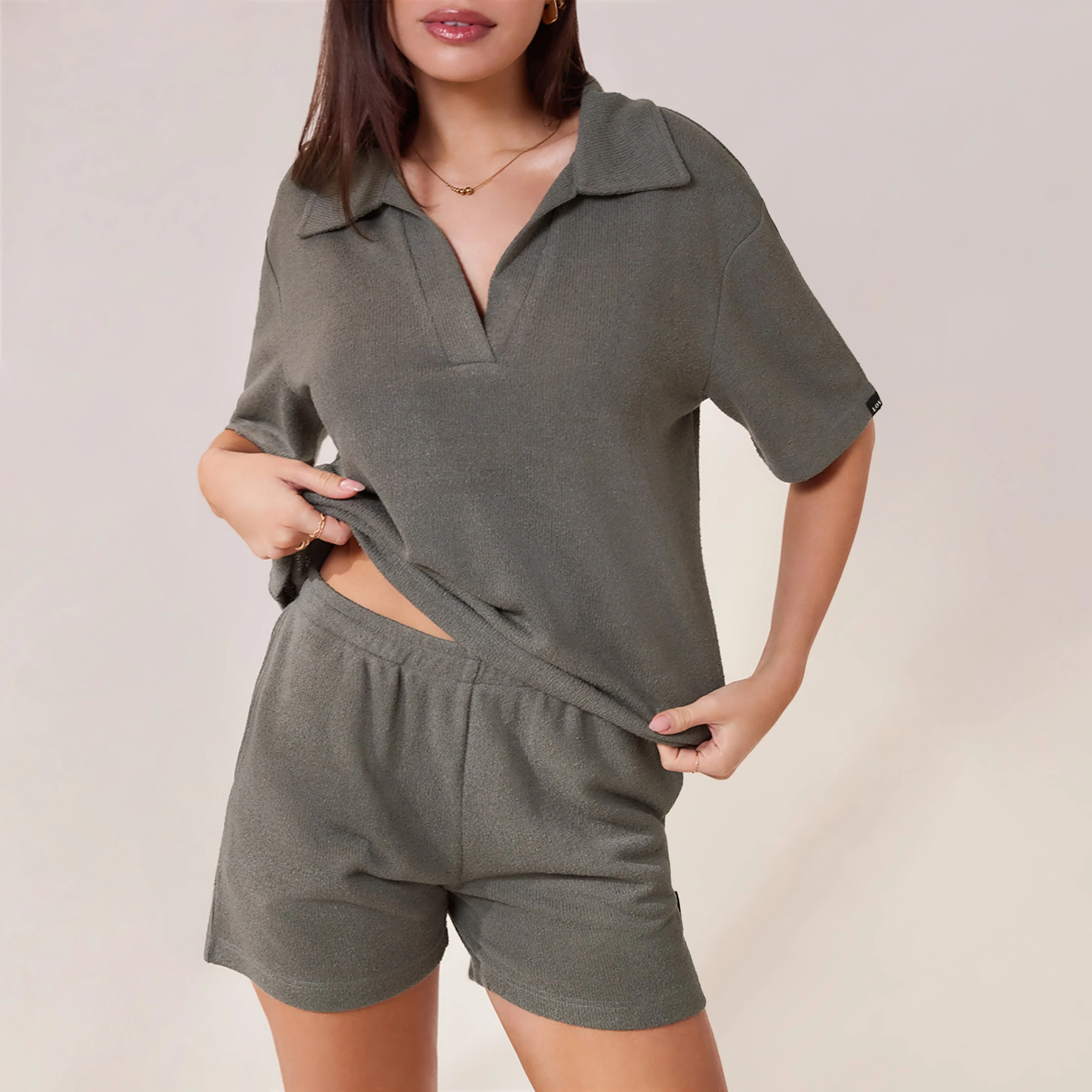 Lightweight Collared Knit Set - Slate Green - Image 4