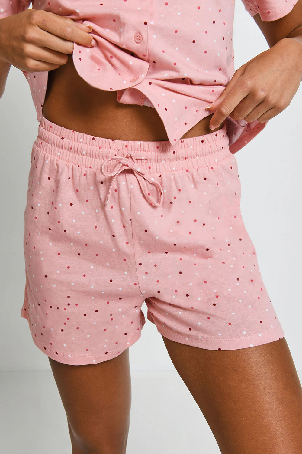 Pure Cotton Button Up Short Pyjama Set - Pink Dot - Image 4