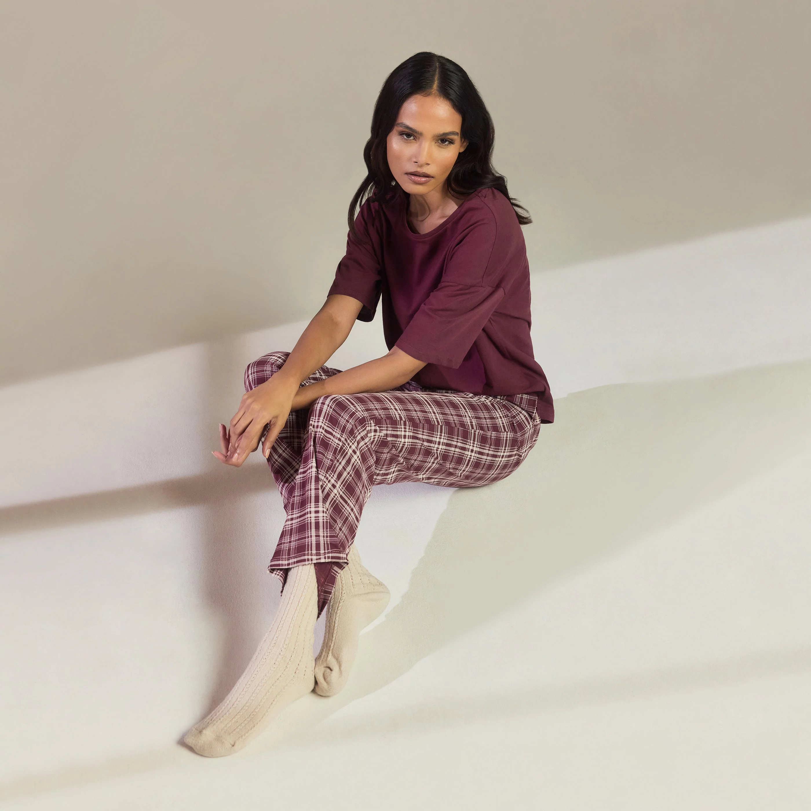 Pure Cotton Pyjama Set - Burgundy Check - Image 3