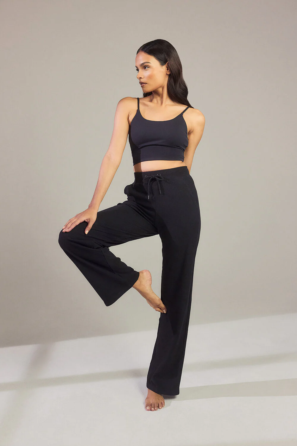 Ribbed Wide Leg Trousers - Black - Image 2