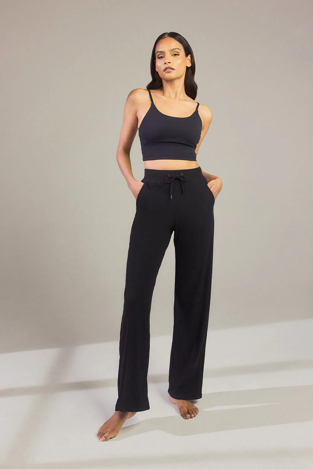 Ribbed Wide Leg Trousers - Black - Image 3