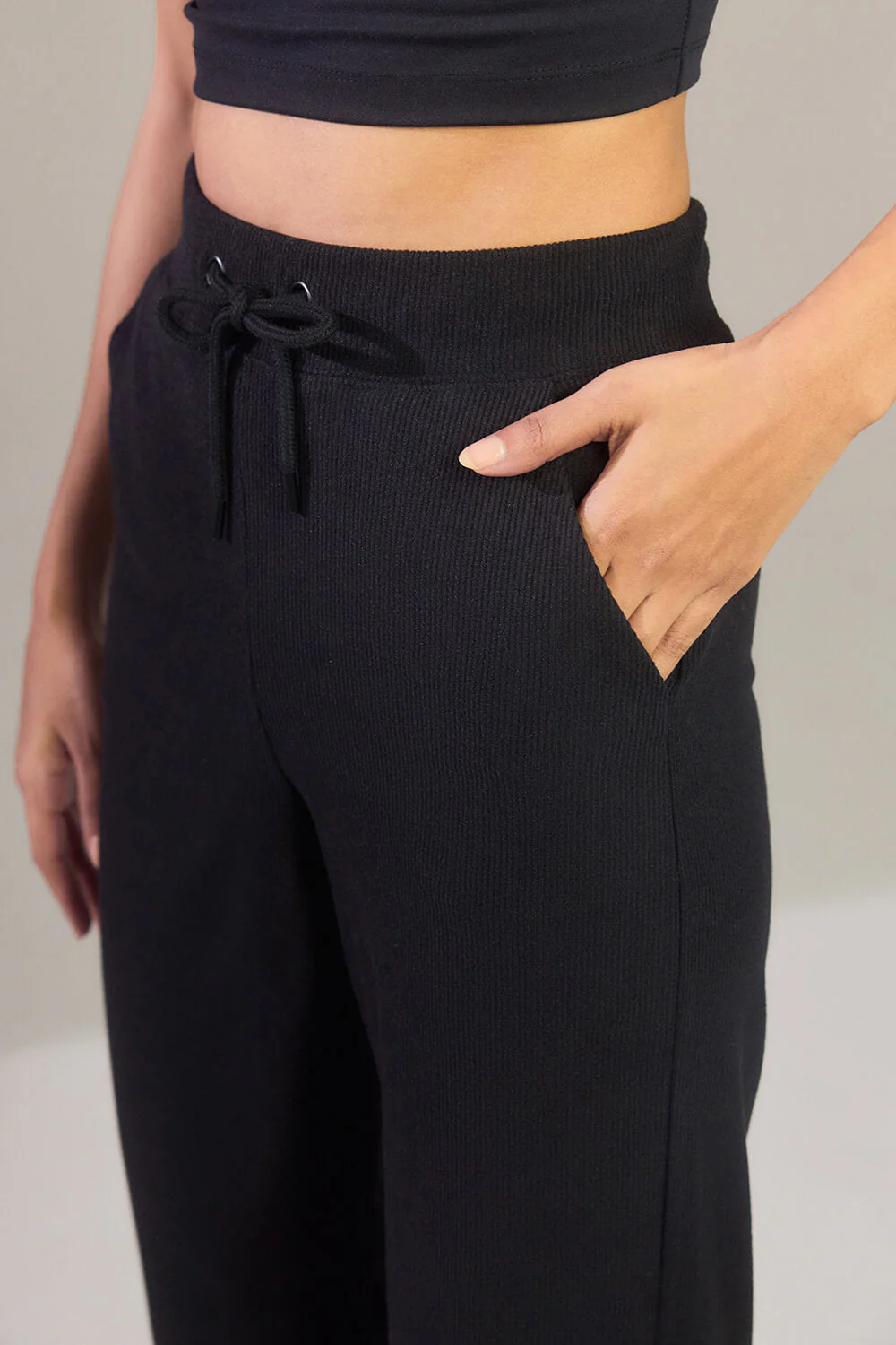 Ribbed Wide Leg Trousers - Black - Image 4