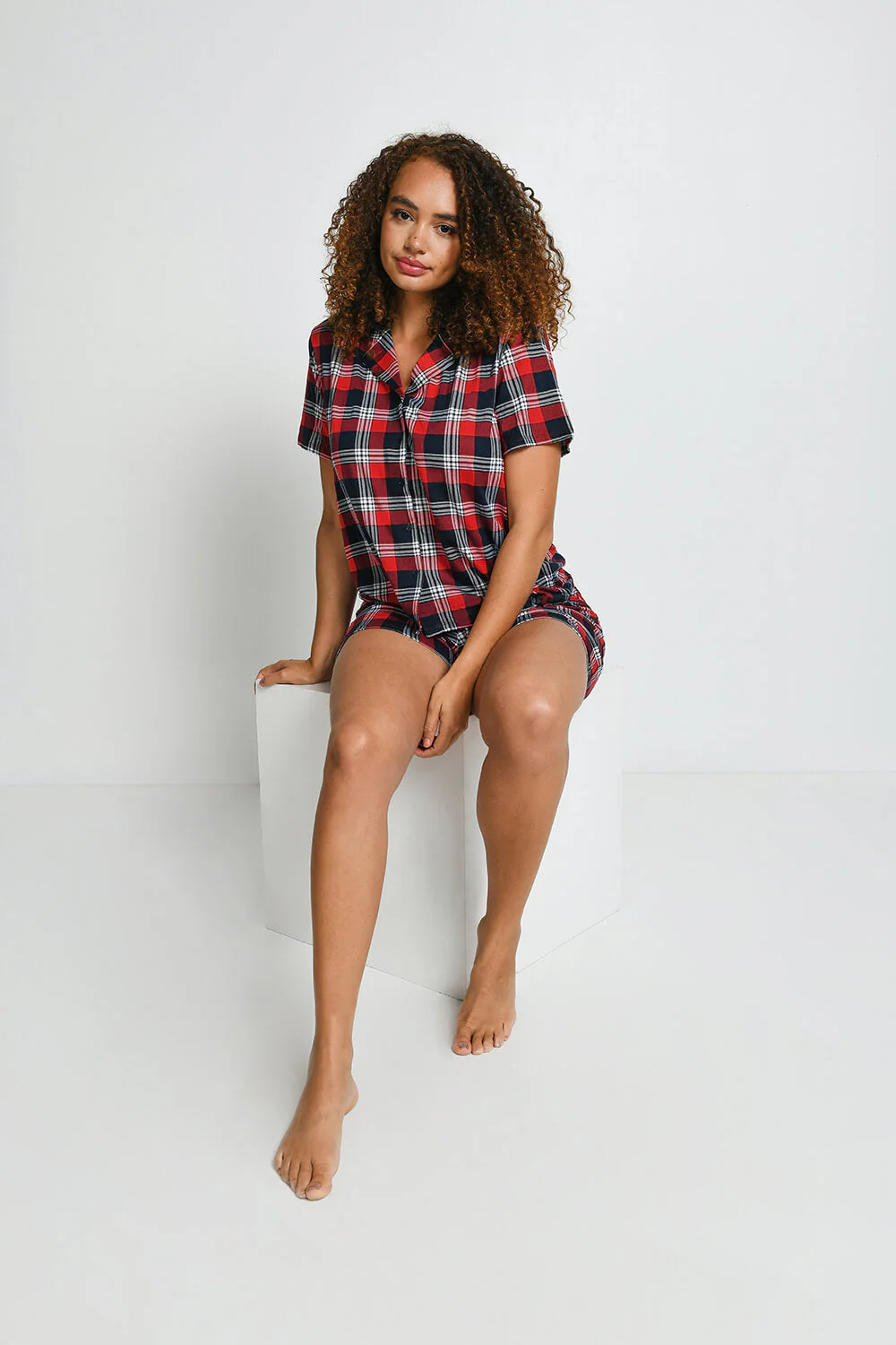 Soft Touch Button Up Short Pyjama Set - Navy & Red Check - Image 6