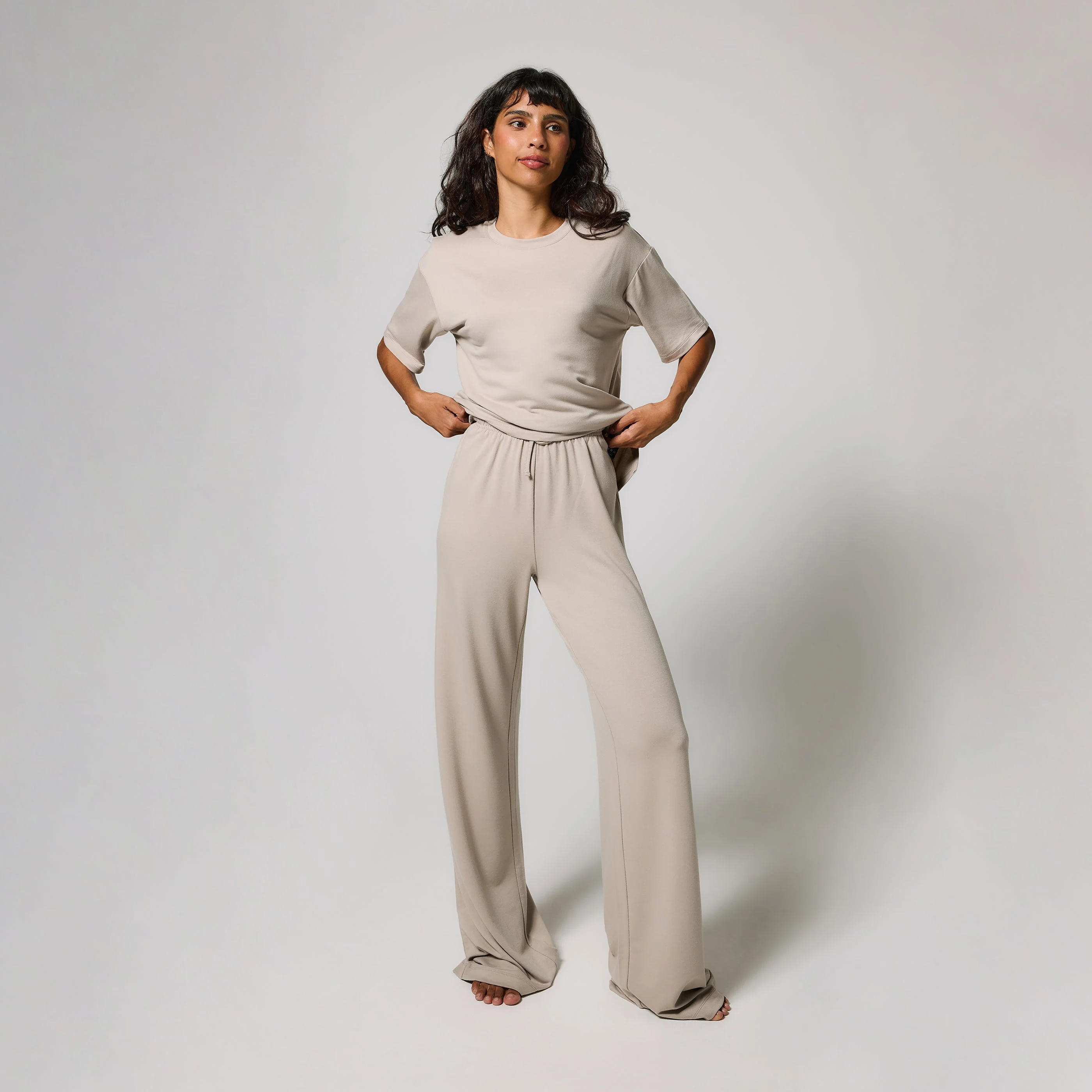 Soft Touch Wide Leg Lounge Set - Oatmeal Beige