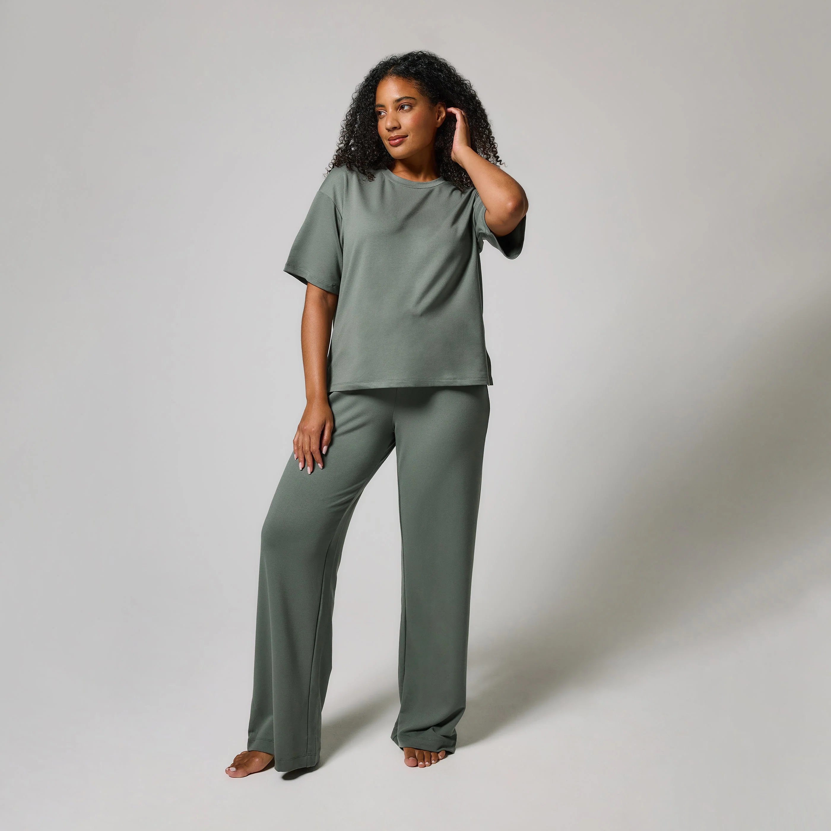 Soft Touch Wide Leg Lounge Set - Sage Green - Image 2