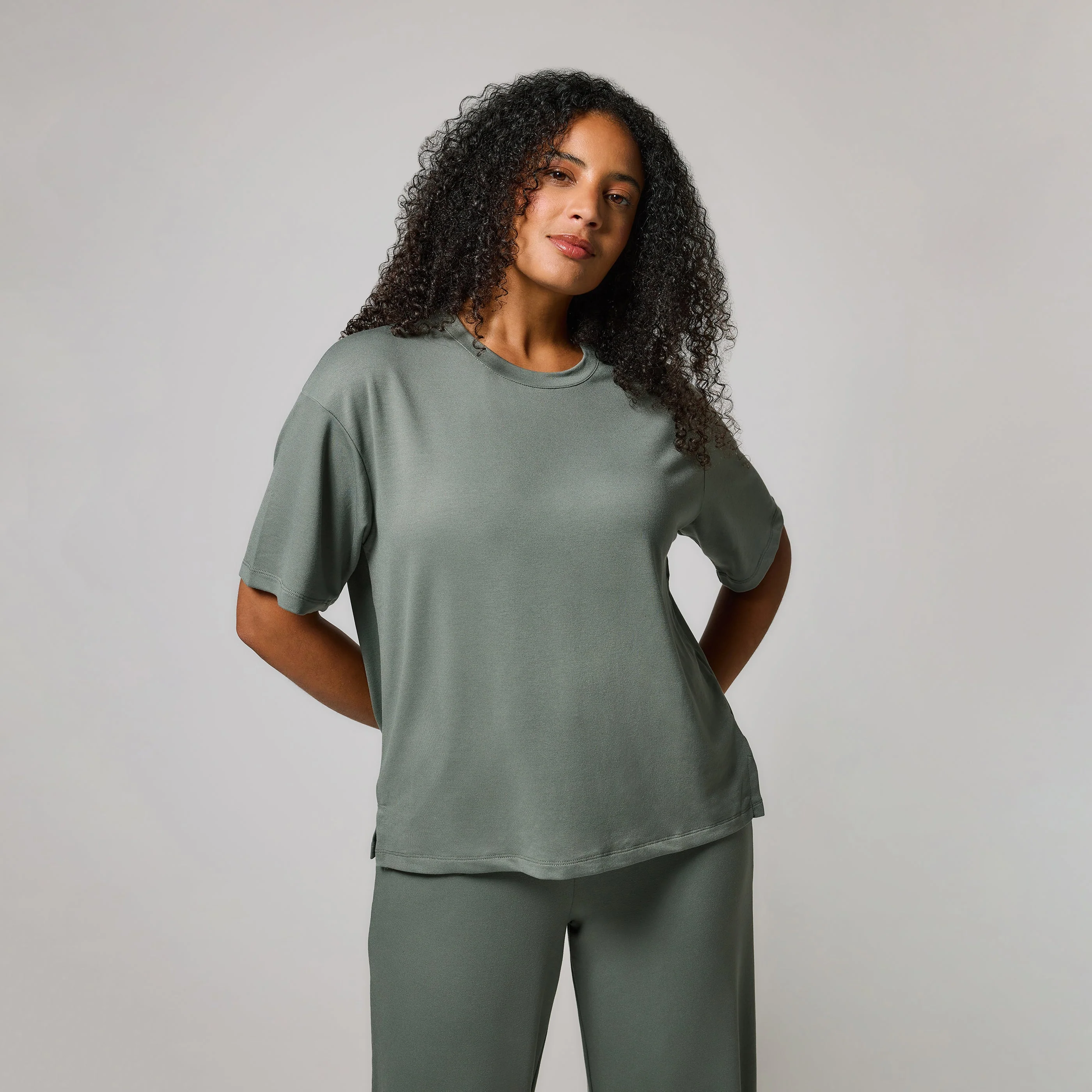 Soft Touch Wide Leg Lounge Set - Sage Green - Image 4